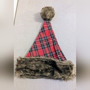 Plaid Santa Hat with Faux Fur Trim